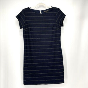 Banana Republic Dress Womens 6 Navy Blue Short Sleeve Silver Stripe Sheath Woven